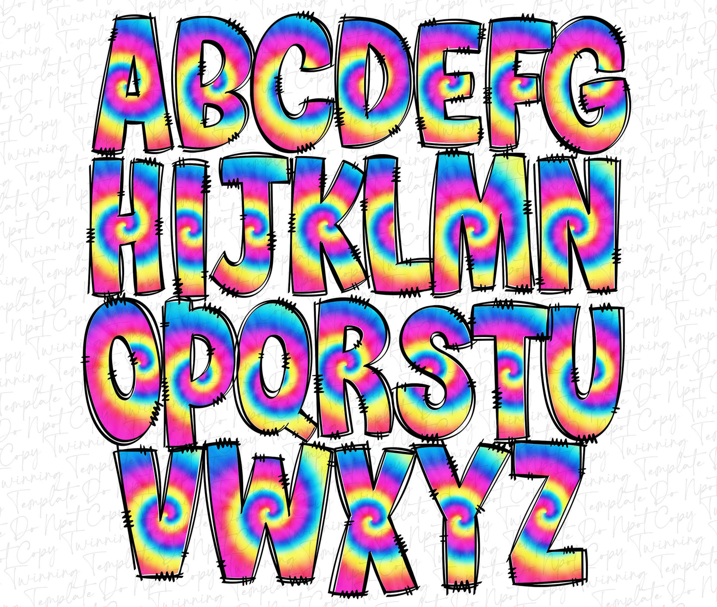 Rainbow Tie Dye Doodle letters, Hand Drawn Doodle Alpha Bundle Patterned Numbers & Alphabet Doodle Set Sublimation Font PNG