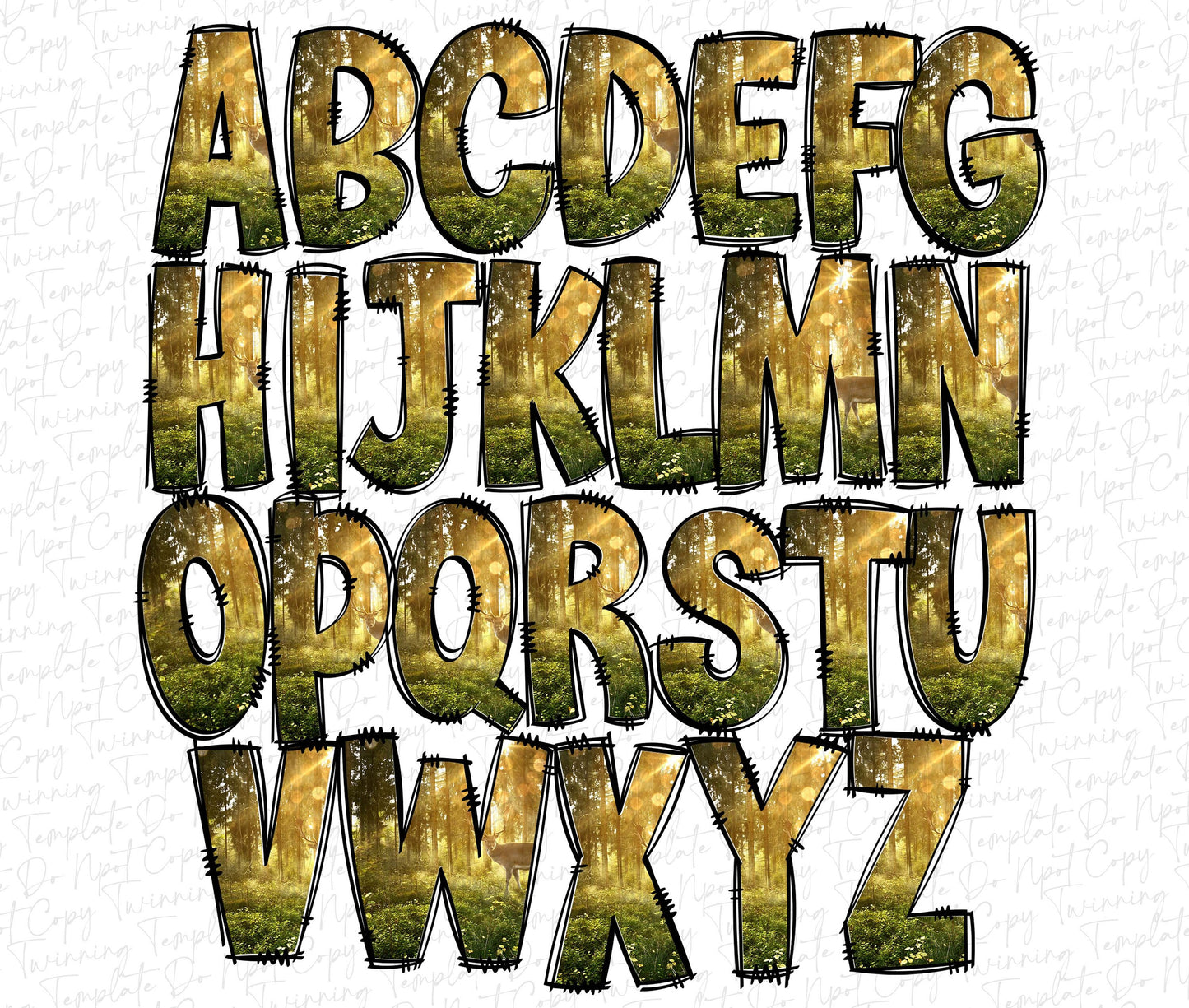 Hunting Deer Doodle letters, Hand Drawn Doodle Alpha Bundle Patterned Numbers & Alphabet Doodle Set Sublimation Font PNG