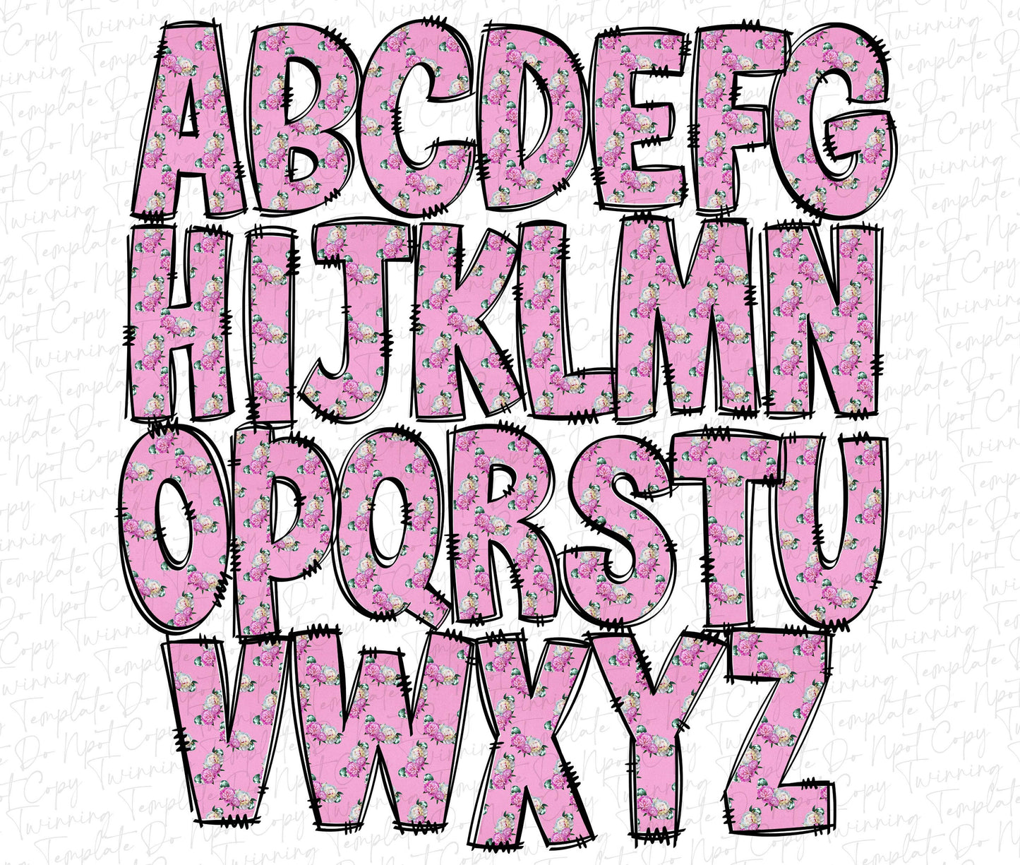 Pink Floral Doodle letters, Hand Drawn Doodle Alpha Bundle Patterned Numbers & Alphabet Doodle Set Sublimation Font PNG