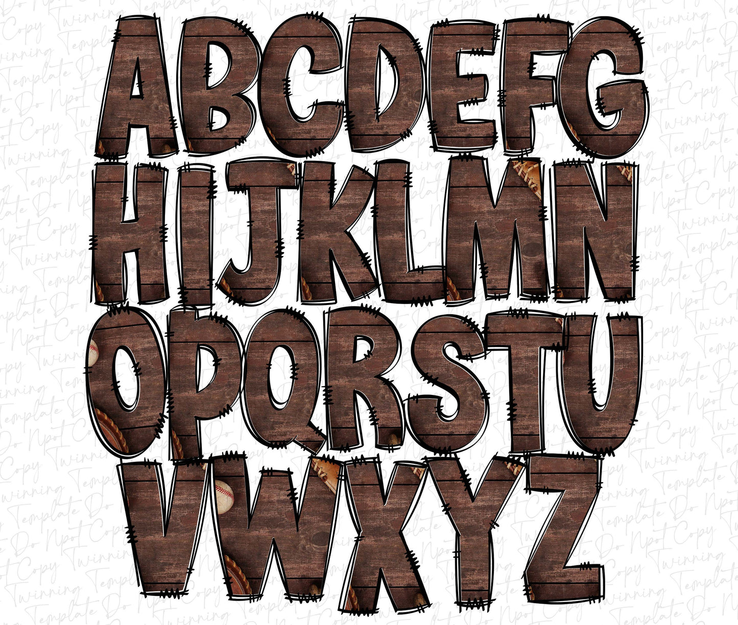 Wood Doodle letters, Hand Drawn Doodle Alpha Bundle Patterned Numbers & Alphabet Doodle Set Sublimation Font PNG