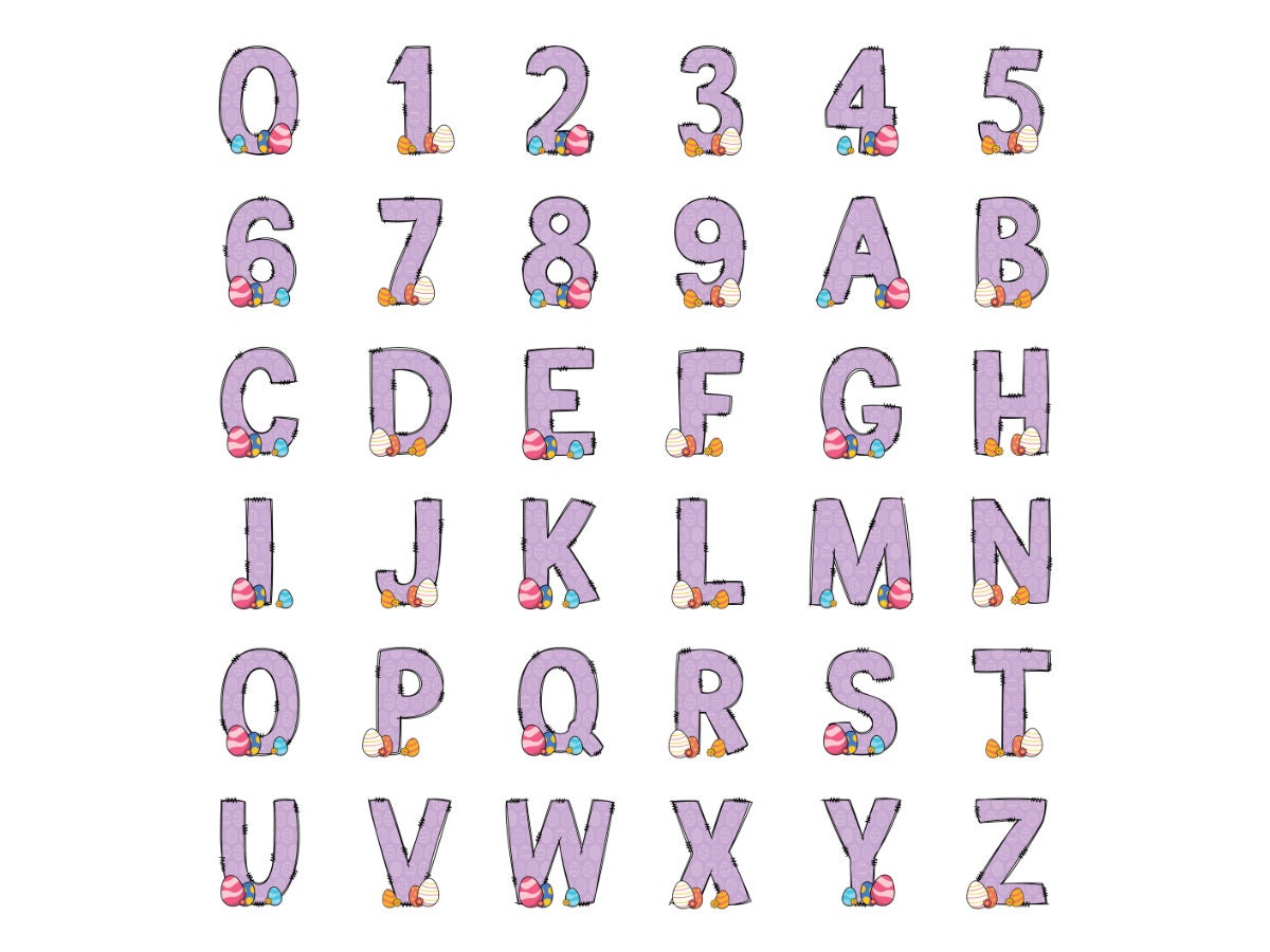 Easter Bunny Alphabet Letters PNG Bundle, Easter Eggs, Spring Floral, Easter Egg Hand Drawn Doodle, Carrot Sublimation Alpha Set Designs PNG