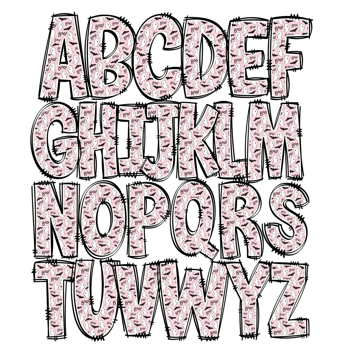 Pink Halloween Doodle Letters with Matching Clip Art, Little Girls Halloween Shirts, Make your Own name Halloween Sublimation Designs PNG