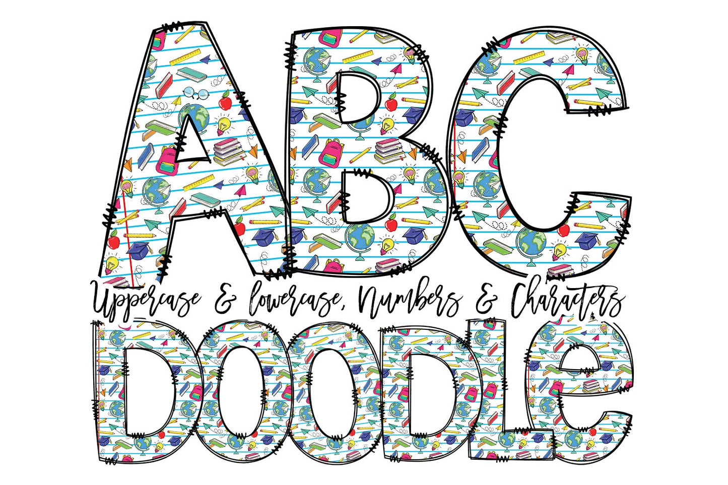 Teacher Doodle letters, Back to School, Pencil Hand Drawn Doodle Alpha Bundle Patterned Numbers & Alphabet Doodle Set Sublimation Font PNG,