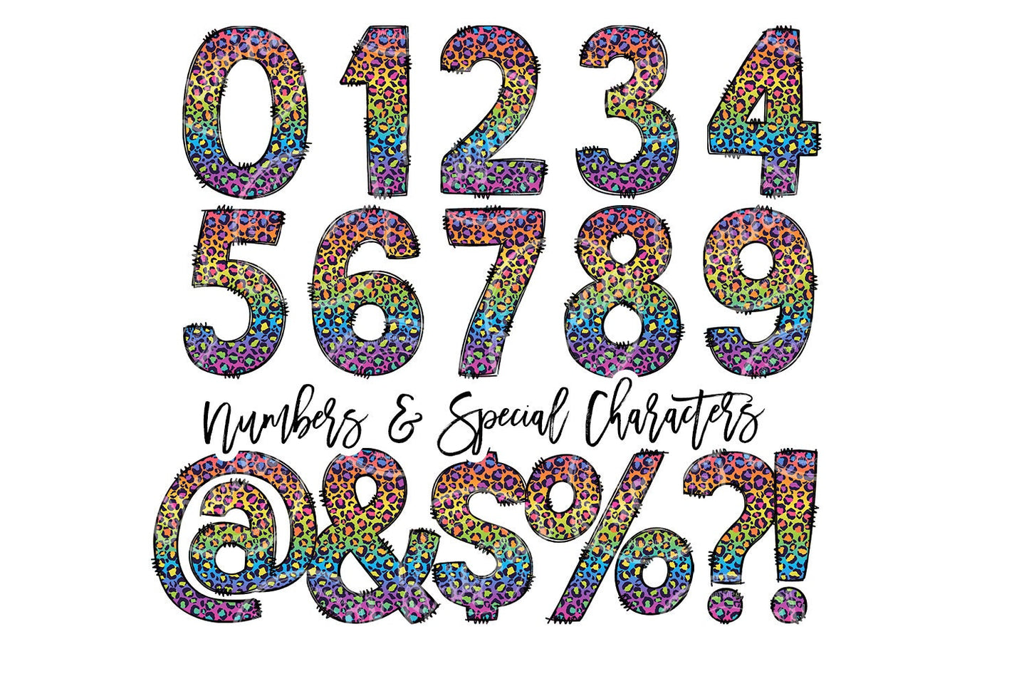 Rainbow Doodle Letters with Matching Tumbler Template, Leopard Doodle Alphabet Font PNG, 20 oz Tumbler, Sublimation, Waterslide Designs