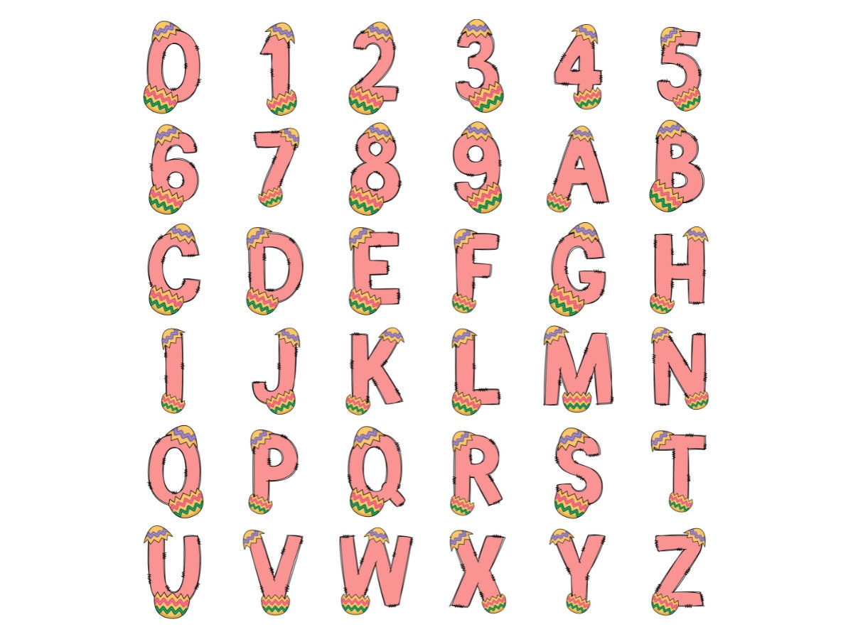 Easter Bunny Alphabet Letters PNG Bundle, Easter Eggs, Spring Floral, Easter Egg Hand Drawn Doodle, Carrot Sublimation Alpha Set Designs PNG