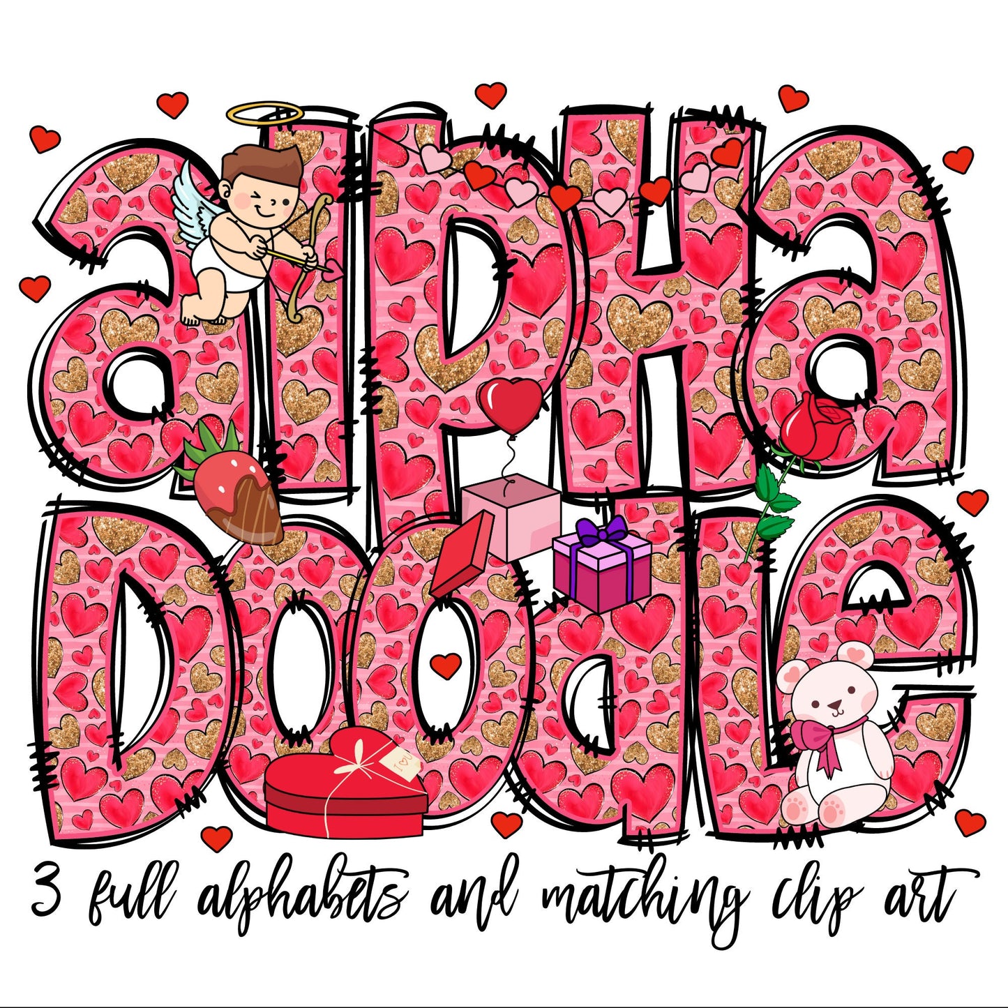 Valentines Doodle letters with Clip Art PNG Files, Make your own Name, Doodle Alpha Bundle, Valentines Day Clipart Alphabet Doodle Set PNG