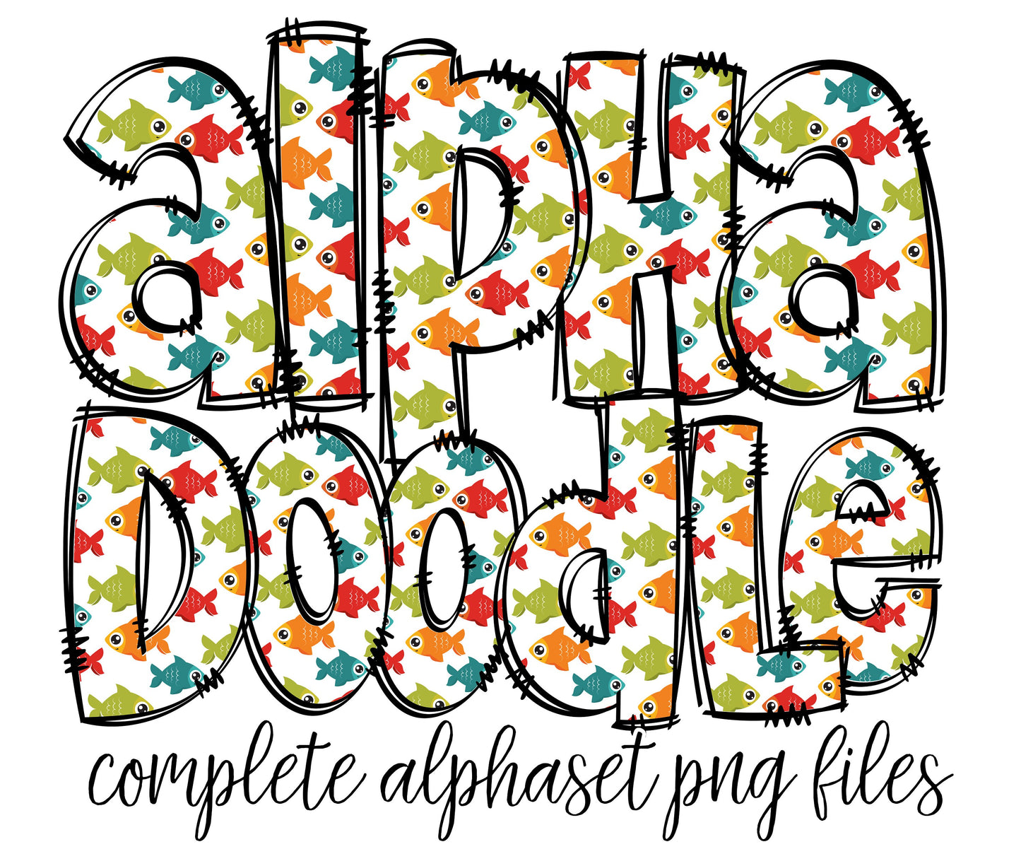 Kids Fishing Alphabet Letters PNG Bundle, Fish Doodle Letters, Hand Drawn Alphabet Doodle, Sublimation Little Boys Alpha Set Designs PNG