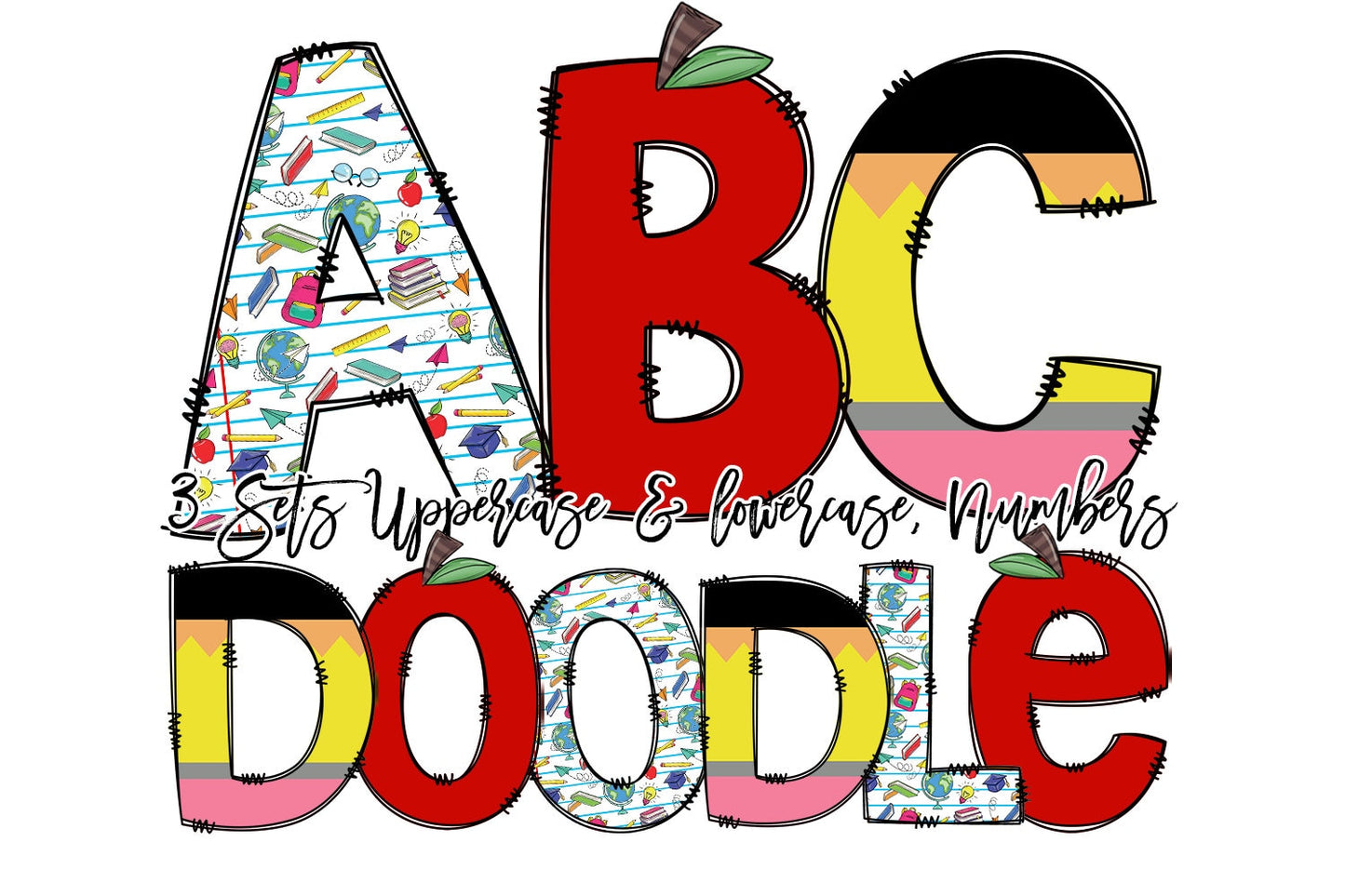 Teacher Doodle letters, Back to School, Pencil Hand Drawn Doodle Alpha Bundle Patterned Numbers & Alphabet Doodle Set Sublimation Font PNG,