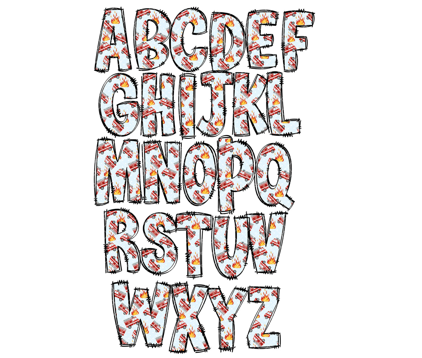 Fire Man Alphabet Letters PNG Bundle, Fire Truck Doodle Letters, Hand Drawn Alphabet Doodle, Sublimation Little Boys Alpha Set Designs PNG