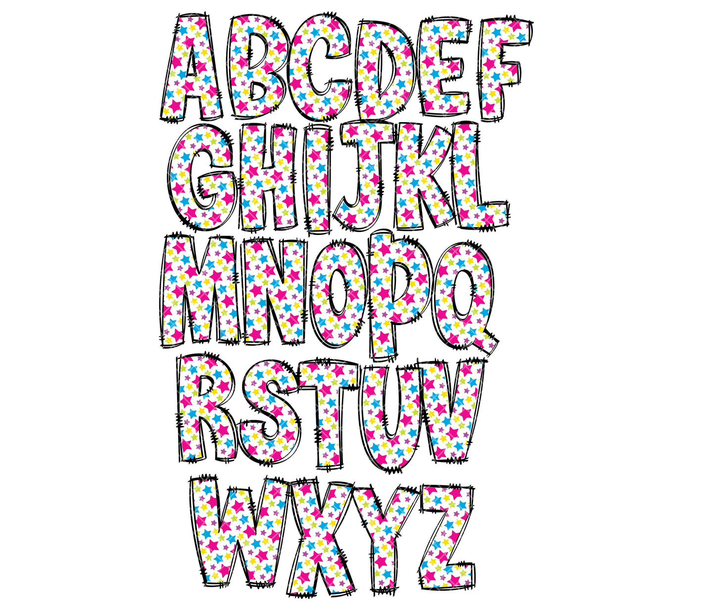 Bright Rainbow Alphabet Letters PNG Bundle, Unicorn Doodle Letters, Hand Drawn Alphabet Doodle, Sublimation Girls Alpha Set Designs PNG