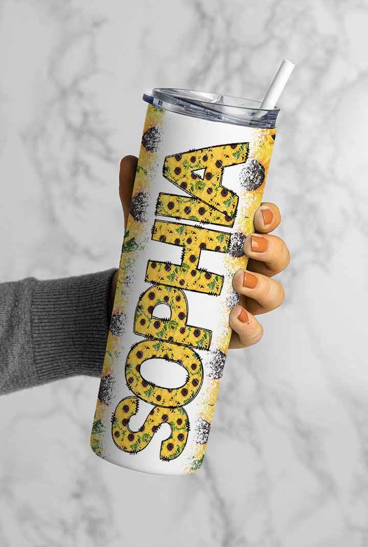 Sunflower Doodle Letters with Matching Tumbler Template, Floral Doodle Alphabet Font PNG, 20 oz Tumbler, Sublimation, Waterslide Designs