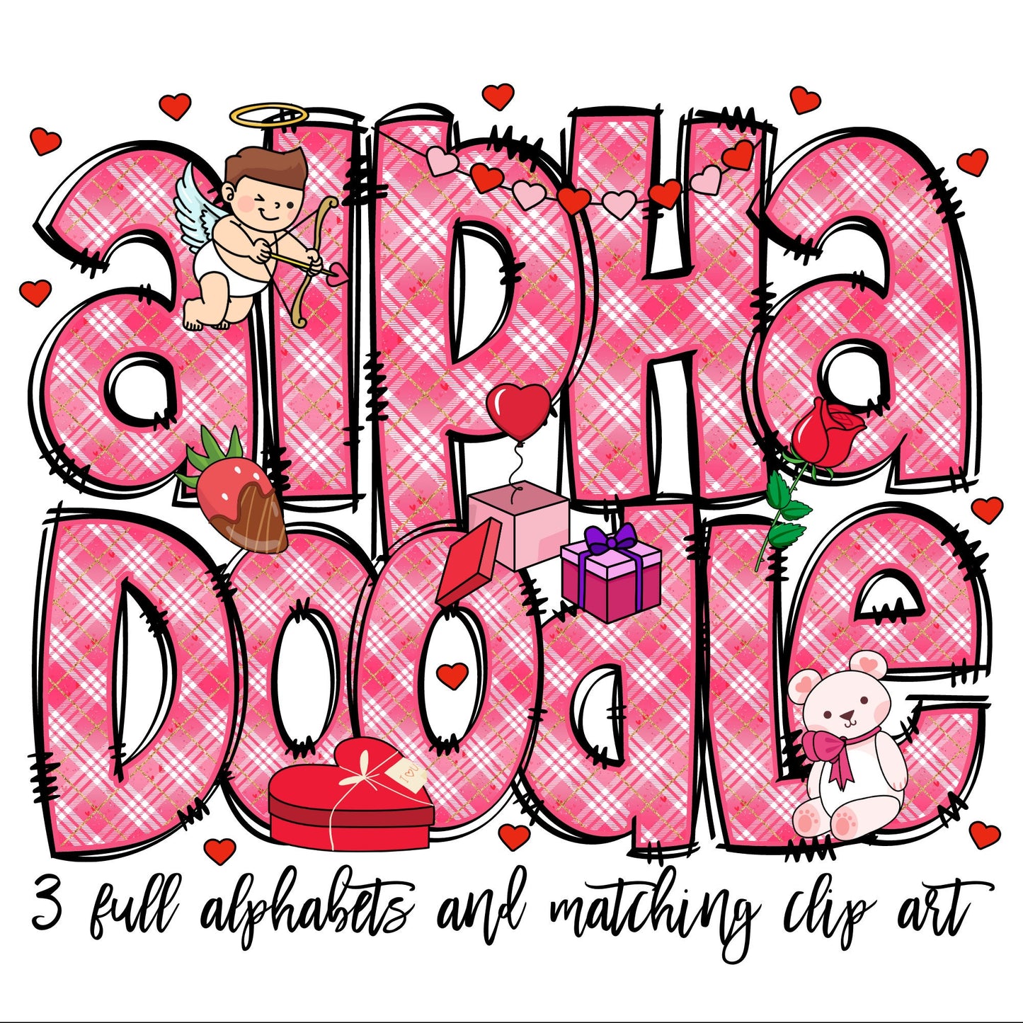 Valentines Doodle letters with Clip Art PNG Files, Make your own Name, Doodle Alpha Bundle, Valentines Day Clipart Alphabet Doodle Set PNG