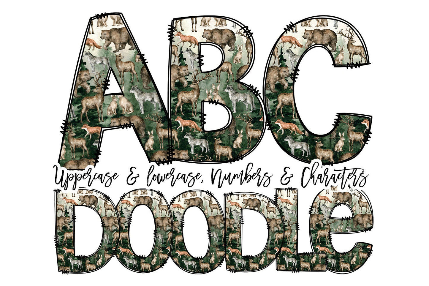 Camping Doodle letters, Woodland Animals Forrest Hand Drawn Doodle Alpha Bundle Patterned Numbers & Alphabet Doodle Set Sublimation Font PNG