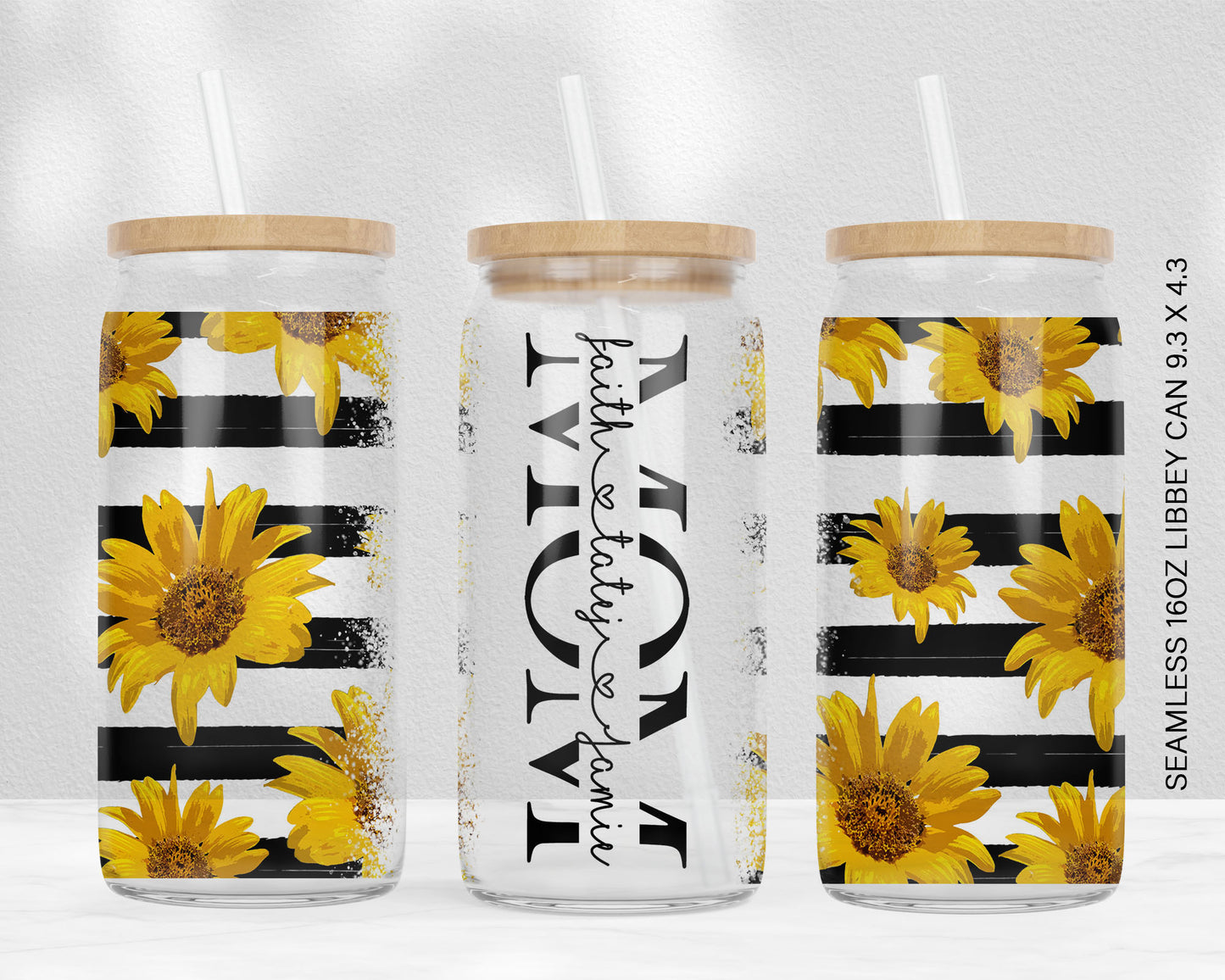 Sunflower 16oz Libbey Glass Can Tumbler Mom Wrap Sublimation PNG Add Kids Names Seamless Sunflower MOM Split Design